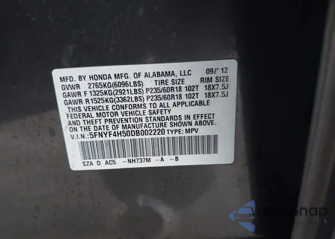 2013 Honda Pilot Ex-L z USA, uszkodzony, nr VIN 5FNYF4H50DB002220